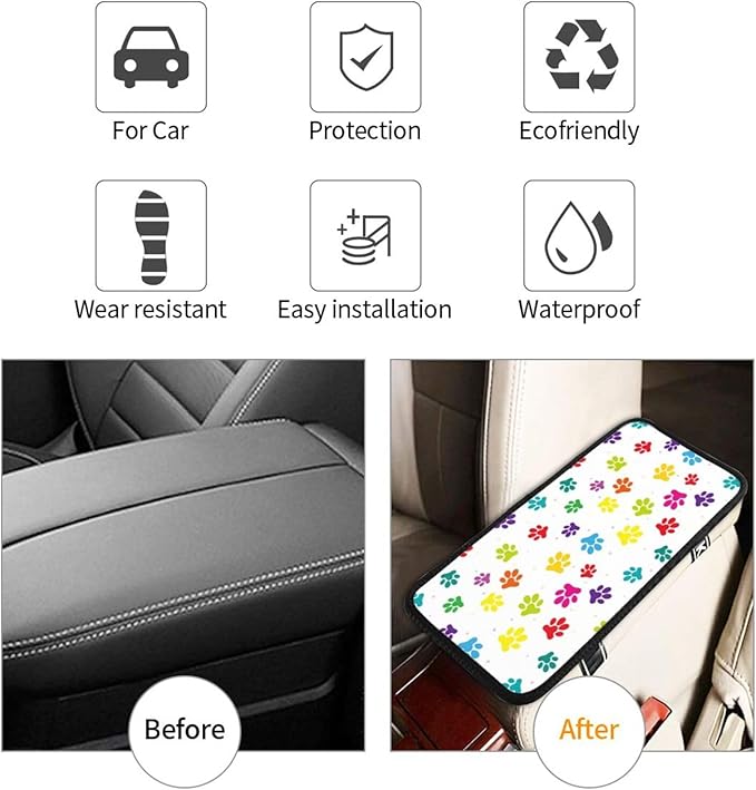 DORKEIXIA Colorful Dog Paw Prints Auto Center Console Armrest Pad Universal Car Center Console Cover Seat Box Cover for Sedan, Van, SUV, Truck Car Accessorie