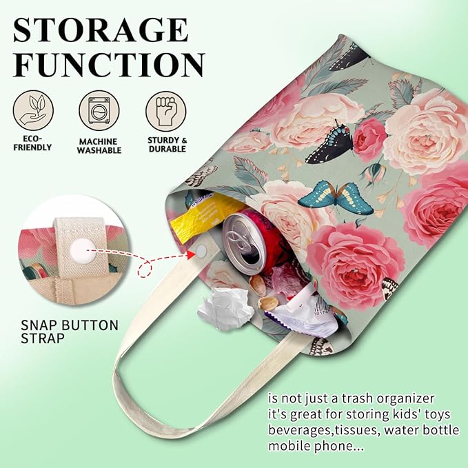 ABUIFDK Car Trash Can, Cute Car Trash Bag, Hanging Car Organizer and Storage Bag, Trash Bin for Car Accessories, Vehicle, Travelling, Camping Cute Flower and Butterfly