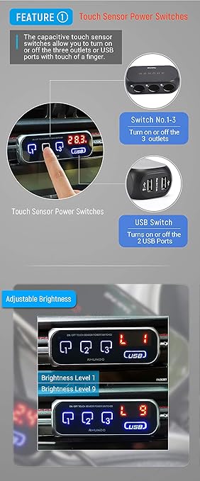 RS-21S 3-way Car Cigarette Lighter Splitter/Adapter/Charger + 2 USB 3.4Amp, with Remote Touch Sensor Switch