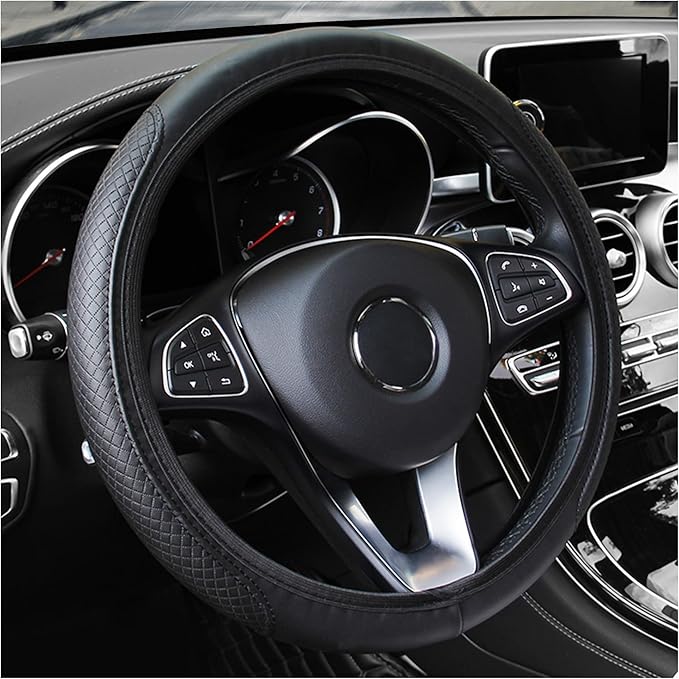 Leather Steering Wheel Cover,Anti Slip Car Steering Wheel Cover for Car Decorations & Steering Wheel Protections,Universal 15Inch Wheel Cover Car Interior Accessories for Men & Women (Black)