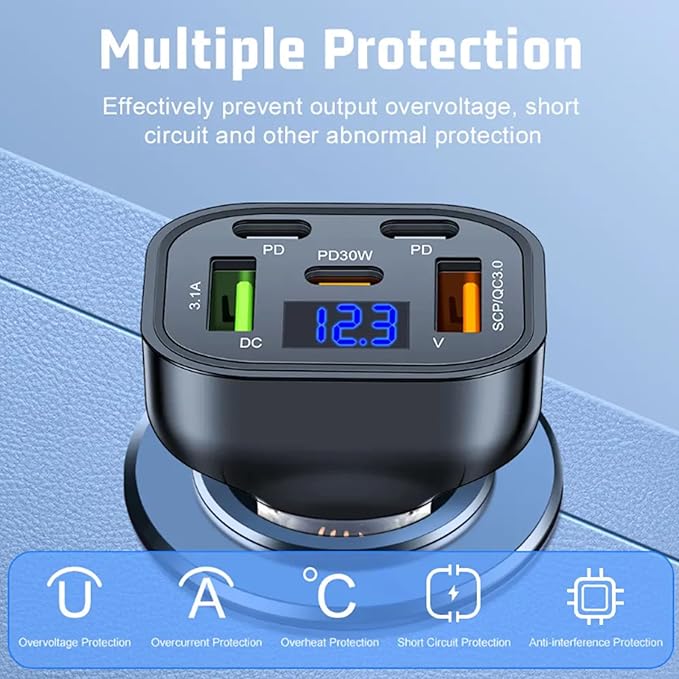 Full PD 30W Multi Port USB C Car Charger Adapter 5 in 1 with Voltage Display, PD4.0/QC4.0/PPS/AFC Super Fast Charging Cigarette Lighter Adapter with Volt Meter for MacBook iPhone Galaxy Android Phones