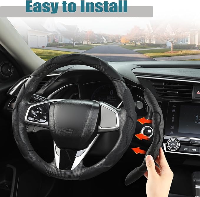 West Llama 3PCS Leather Car Steering Wheel Cover,Snap On Steering Wheel Protector Universal 99% Cars(3PCS-Black)