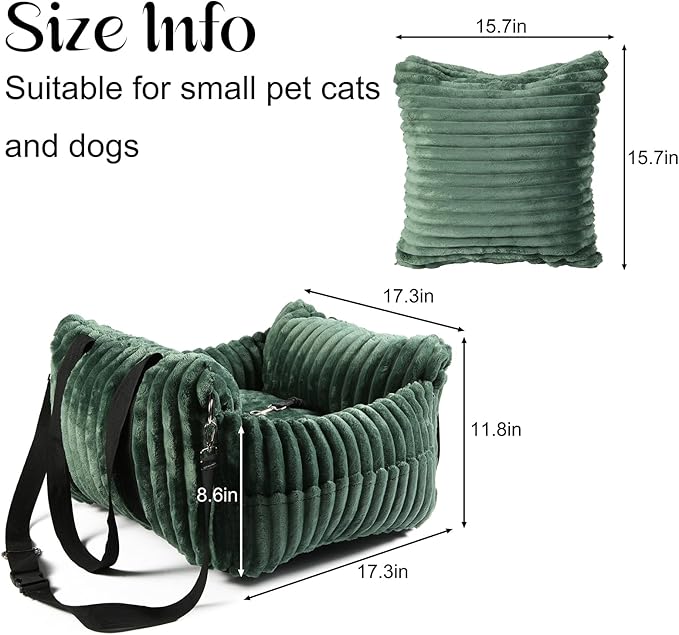 HOMLOVE Dog Car Booster Seat, for Small Dogs Under 30 lbs, Detachable Washable Travel Bed with Storage Pockets and Safety Belt (Green, Medium)