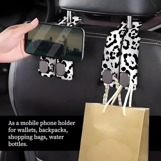 NUGGHU Car Seat Headrest Hook, Universal Leather Cute Hanger Holder Hook, Storage Organizer Interior Accessories for Purse Bags Handbag White Black Leopard