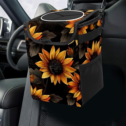 GVGHIDZ Car Trash Can – Multi-Purpose, Lightweight and Portable with Durable Water-Resistant Coating, No Installation Required, Practical and Ample Capacity, Variety of Colors.Beautiful Sunflower