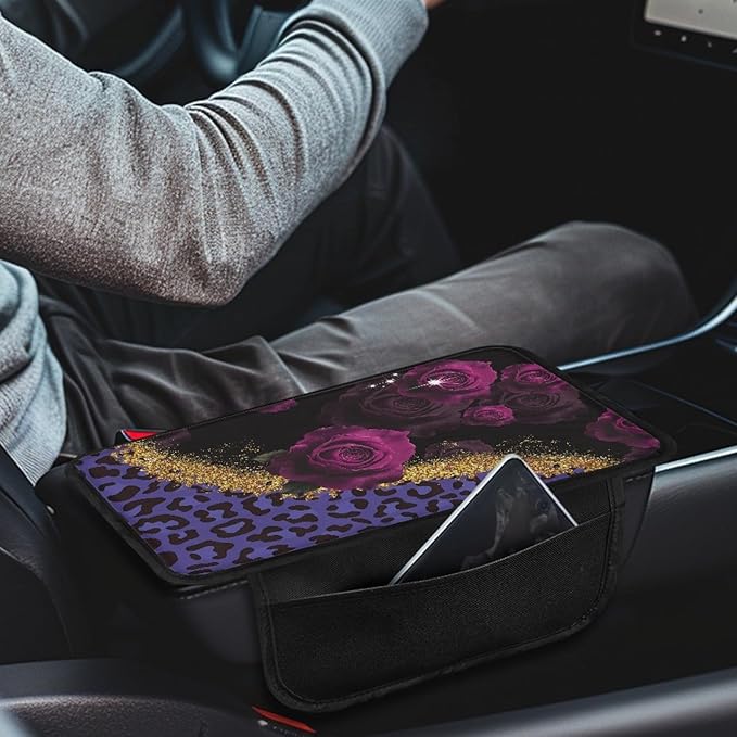 CLOHOMIN Purple Rose Car Arm Rest Covers Leopard Print Auto Armrest Pad with 2 Pockets Automoblie Interior Accessories Car Center Console Armrest Cushion Cover Fit for Most Vehicles