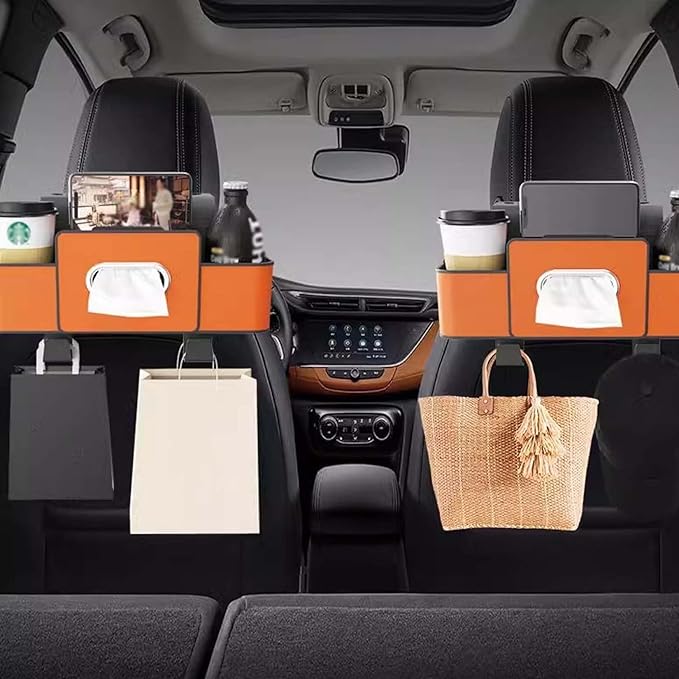 3-in-1 Car Backseat Organizer, 2026 Upgraded Multifunctional Car Seat Back Storage Box, Backseat Car Organizer with 2 Cup Holders, Tissue Box & Hooks, Universal Car Essentials (2Pack D)