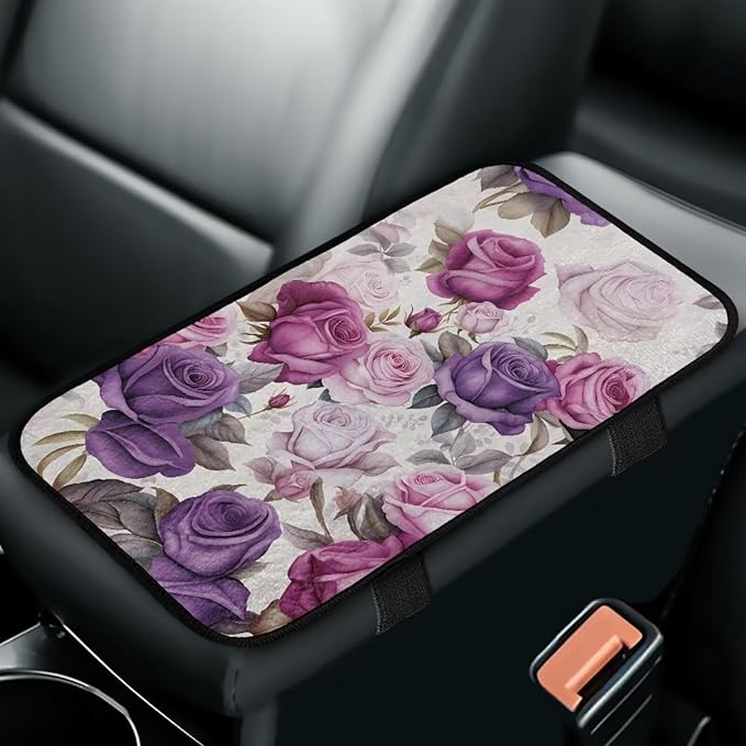 Bulopur Purple Rose Print Center Console Cover Car Center Console Cover Fashion Auto Interior Protect from Pet Claws Flannel Car Console Covers Fit for Most Cars, Vehicles, SUVs