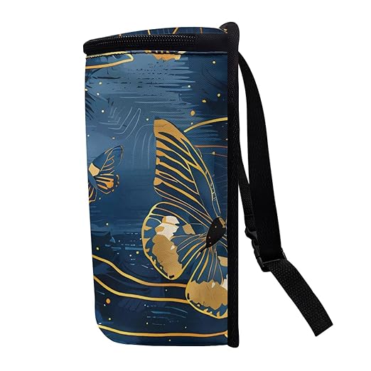 Deep Blue Car Trash Bin Adorned with Gold Butterfly Accents, Featuring a Zippered Portable Design to Keep Vehicle Neat and Organized