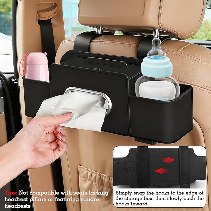 SADIFOKPLY 4-in-1 Back Seat Car Organizer, Upgraded Multifunctional Car Storage Box, Hanging Back Seat Storage Organizer, Partition Design, with Phone Holder, Tissue Box, 2 Cup Holders, 2 Hooks