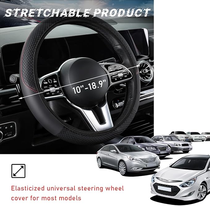 Car Steering Wheel Cover, 15 Inch Leather Breathable Auto Steering Wheel Protector, Comfortable Non-Slip Vehicle Steering Wheel Covers, Universal Interior Car Accessories (Black, AD)