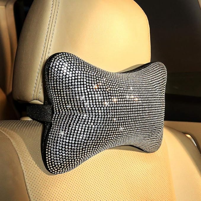 2 Pack Car Neck Pillow for Driving Seat Auto Headrest Cushion Head Rest Neck Support Relax Crystal Rhinestone Diamond Interior Bling Accessories for Women Girly Comfortable White
