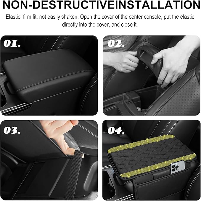 Bling Car Center Console Cover, Leather Car Arm Rest Cover Cushion with 2 Storage Bags, Universal Auto Armrest Protector Storage Box, Bling Accessories Interior for Most Vehicles (Yellow Diamond)