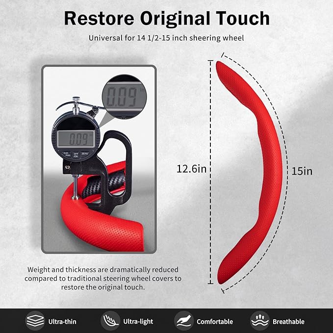 Nappa Leather Car Steering Wheel Cover for Men Women, Ultra-Thin Non-Slip Breathable Microfibre, Universal for 14.5"-15" Steering Wheel - Red