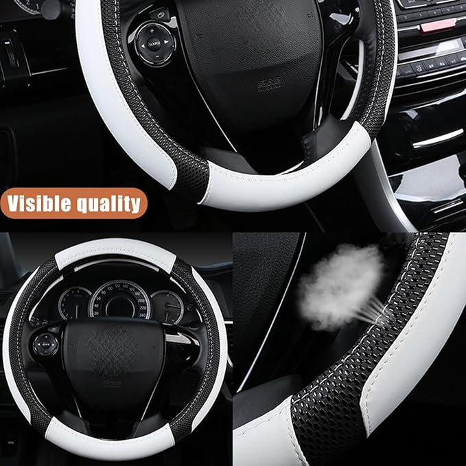 Car Steering Wheel Cover, 14.97 Inch Leather Non-Slip Vehicle Steer Wheel Protector, Soft & Breathable Automotive Interior Protection Accessories, Universal for SUV Sedan Truck (Black/White)