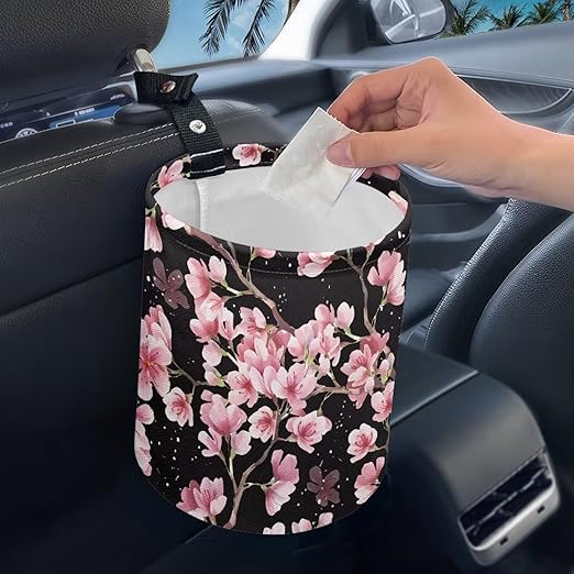 Brosoneto Cute Cherry Blossom Car Trash Can Reusable Foldable Hanging Portable Dustbin Bin for Back Seat, Front Console, Floor, or Hanging Headrest Waste Basket