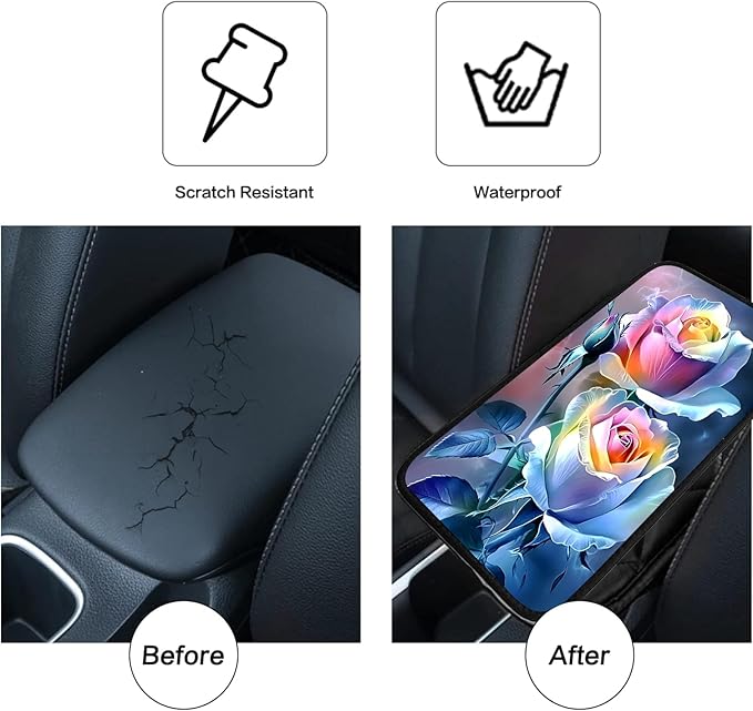 JANENFNA Car Armrest Cover Pads Universal Fashion Cute Auto Center Console Armrest Cover Pad with 2PCS Car Coasters Soft Waterproof Car Armrest Seat Protector for Women,Rainbow Roses