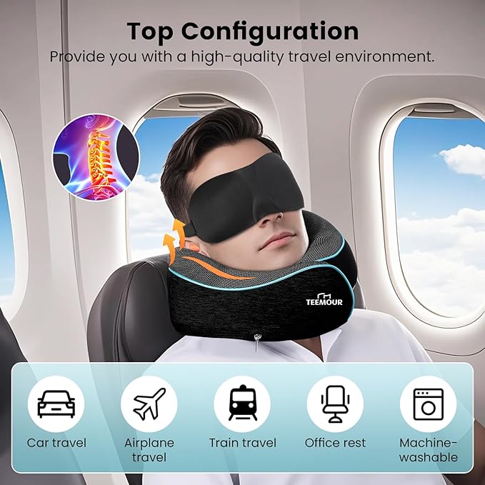 Upgraded Neck Pillow for Airplane Travel - 360° Support Stops Head Bobbing, Memory Foam Travel Pillow With Eye Mask & Earplugs, Portable Carry Bag for Long Flights/Car| Airplane Accessories Black