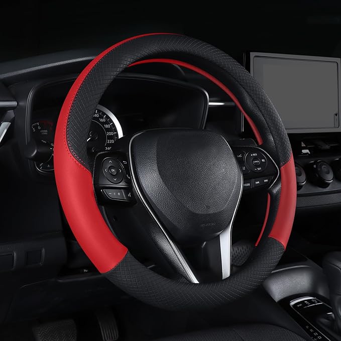 Auto Car Leather Steering Wheel Cover Anti Slip Wrap 15" (Red)