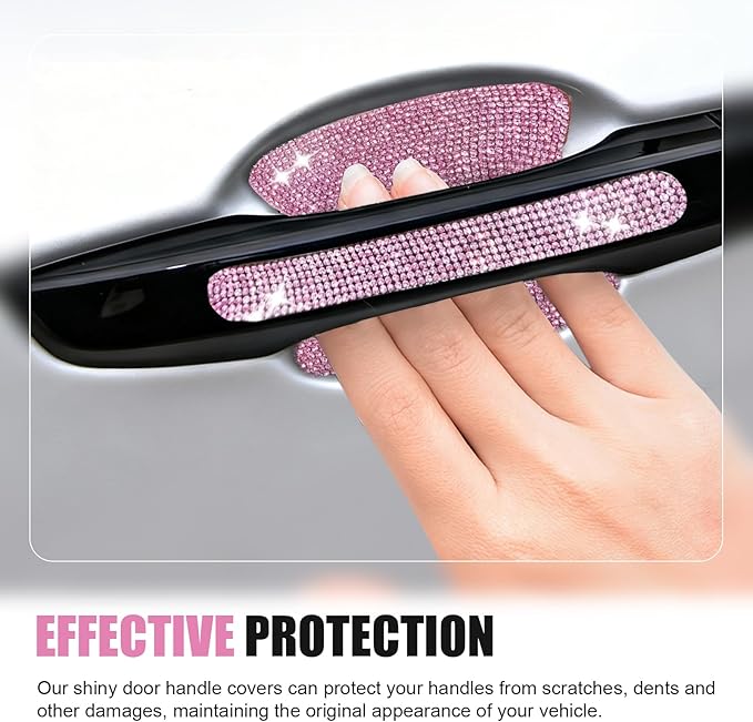 10PCS Bling Car Door Handle Protector, Crystal Rhinestone Car Door Handle Scratch Protector, Anti-Scratch Door Bowl Paint Guard Protective Film, for Auto, Van, Truck (Pink)