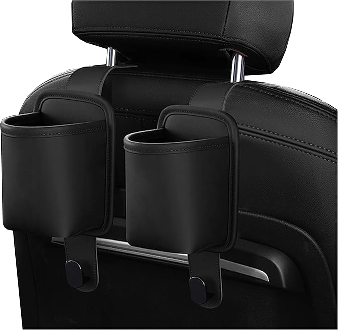 2-Pack Car Seat Back Cup Holder Organizer, Faux Leather Car Cup Holders with Hooks, Universal Backseat Storage for Drinks, Bottles & Travel Accessories (Black-2)