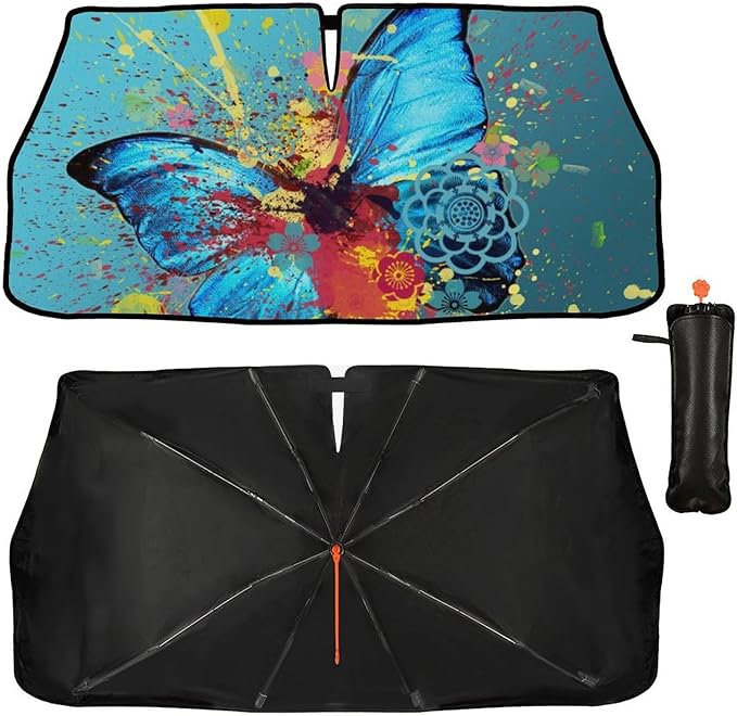 DOPINDU Butterfly Car Windshield Sun Shade Umbrella Bendable Handle Foldable Funny Sunshade for Car Windshield Block UV Rays Keep Vehicle Cool for Most Sedans SUV Trucks Cars 57"x30"