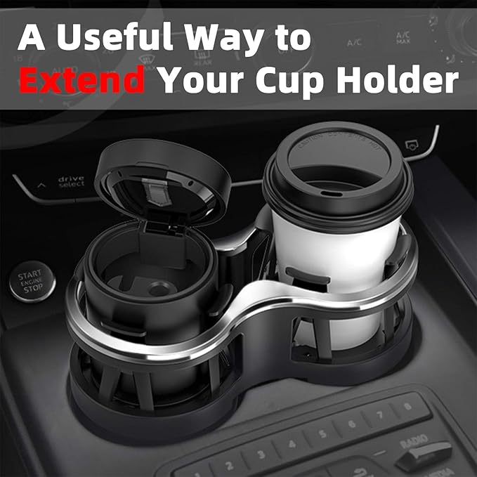 Car Cup Holder Extender with Adjustable Mounting Base - Cup Slot 1-2 Splitter Expander Organizer Fits Vehicle Boat Truck RV Holds Standard Drinks Water Bottles