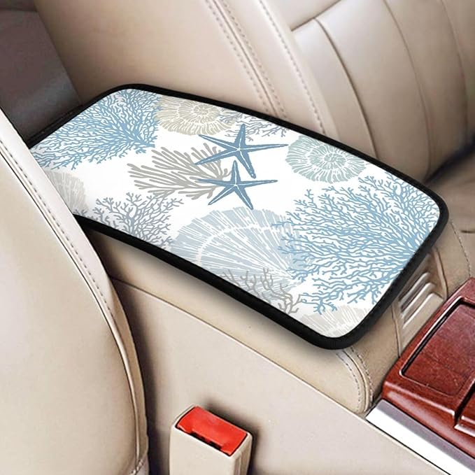 Nautical Coastal Center Console Cover Pad, Starfish Seashell Coral Car Armrest Seat Box Cover Cushion Universal for Most Vehicle SUV Truck, Car Interior Accessories Decor, Protect from Pet Claws