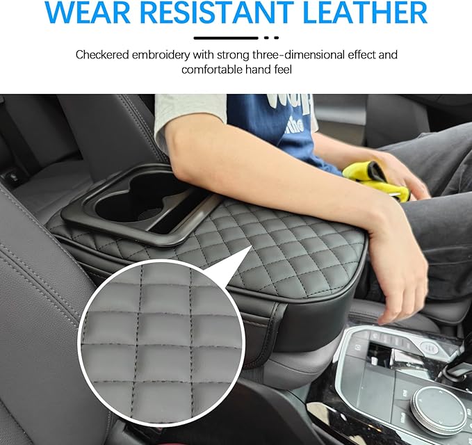 MAIKER Auto Center Console Armrest Pillow, PU Leather Car Armrest Cushion with Cup Holder, Phone Holder and 2 Side Storage Bag, Universal Car Armrest Box Cover Protector for Most Vehicles