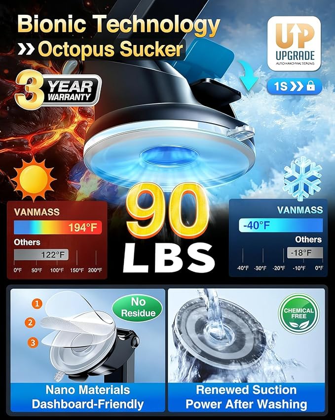 VANMASS 2026 【True Military-Grade】 Phone Holders for Your Car 【90 LBS Strongest Suction & Clip】 Ultimate Cell Phone Mount Dashboard Window Vent for iPhone 16 Pro Max 15 14 13 Samsung Android