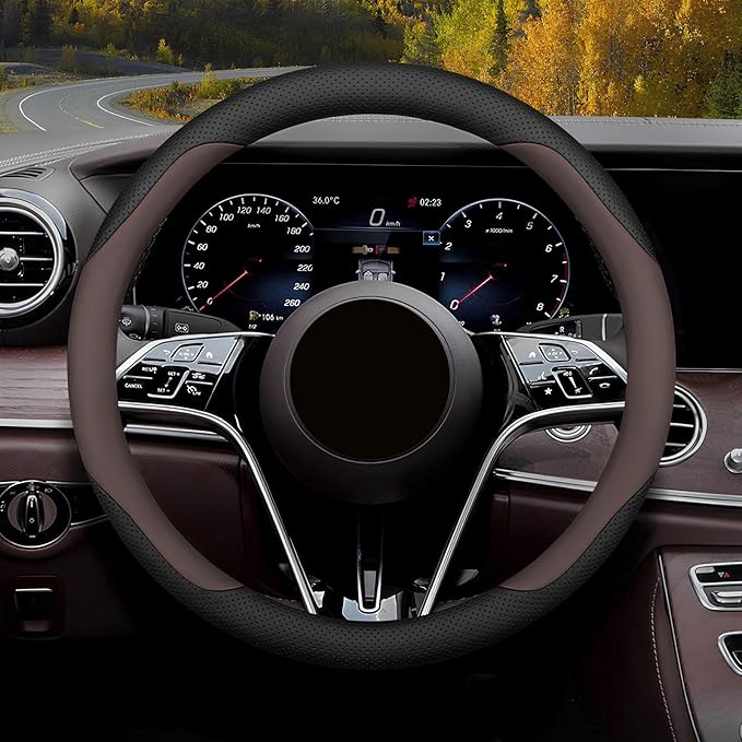 Mihecor Steering Wheel Cover Standard Size Medium 14.5-15 inch, Breathable Microfiber Leather, Anti-Slip, Soft Grip, Universal Fit for Cars SUVs Trucks, Black and Chocolate Brown