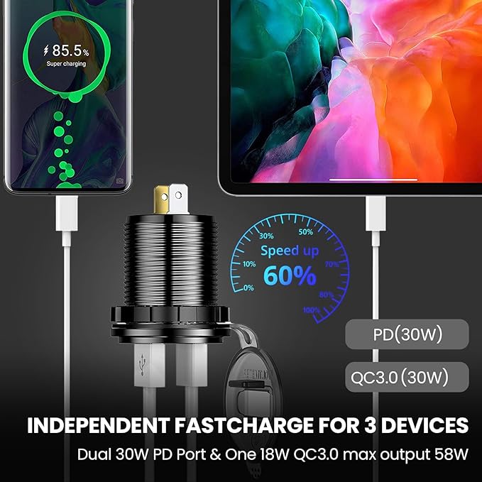 12V USB Car Socket, 3-Port Marine Aluminum USB Quick Charge Waterproof Cigarette Round USB C 12V Outlet for Car Golf Cart Boat Marine Bus Truck RV Marine Motorcycle etc(2PD+1QC(1Pack))