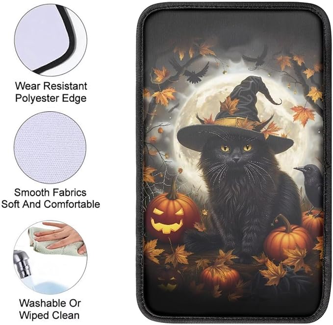 Mintutlipy Halloween Black Cat Car Center Console Cover Car Seat Box Cover Car Decoration Wear Proof Dust Proof Armrest Cover Protector