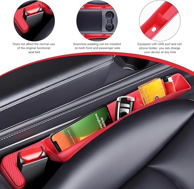 2PCS Car Seat Gap Filler, Automotive Seat Organizer Fill The Gap Between Seat and Console, Universal Car Gap Seat Storage for Phone Wallets and Keys, Car Accessories (Red)