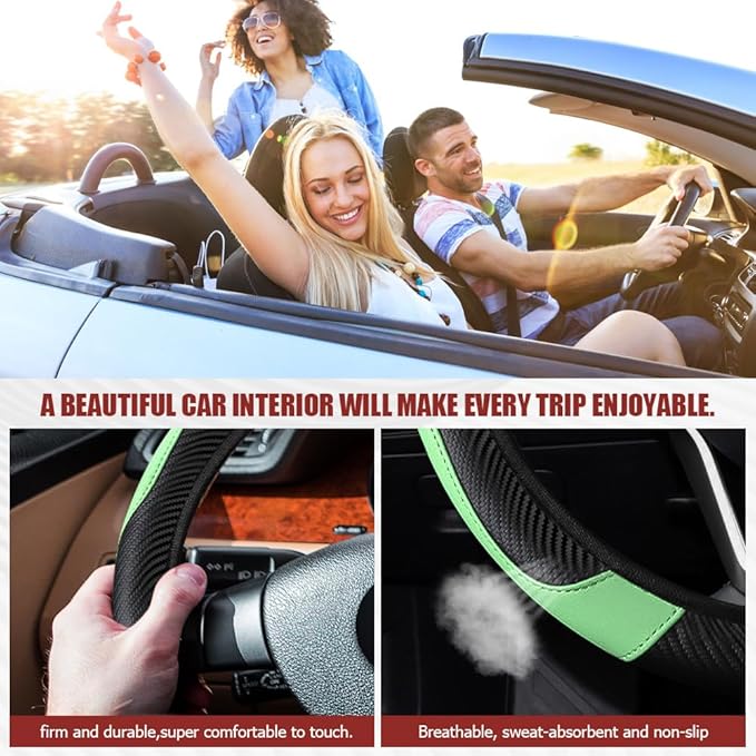 Car Steering Wheel Cover, Steering Wheel Protector, Universal 14.5-15 Inch Microfiber Leather Breathable Auto Steering Wheel Covers, Carbon Fiber Steering Wheel Cover for Women Men (Green)