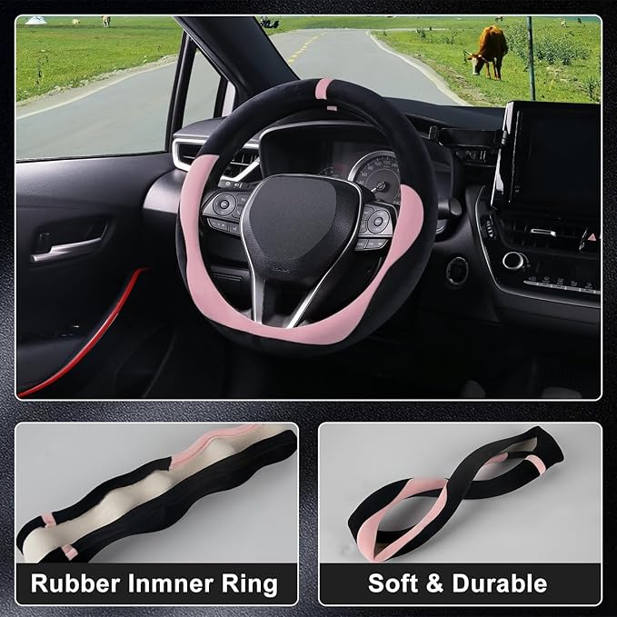 COFIT Plush Steering Wheel Cover Winter, Soft Warm Furry Grip Protector for Cars SUVs Trucks, Fits 14.5-15 Inch, Non-Slip Interior Accessory, Pink