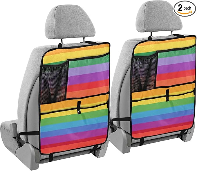2 Pack Back Seat Car Organizer with Storage Pockets Kick Mats Back Seat Protector Hanging Car Organizer Automotive Seat Back Cover Organizers Vibrant Colorful Stripes