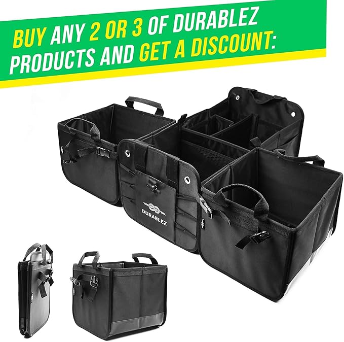 DURABLEZ Trunk Organizer 4-Section XL Modular Car Storage System – Extra Large Cargo Organizer for Car Trunk, Foldable Multi-Compartment Auto Organizer, Heavy Duty 1680D Oxford – Black