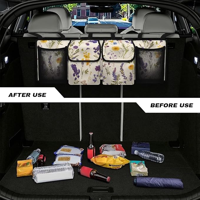 Trunk Organizer for Suv Car Trunk Organizers for Women Floral Leaf Car Storage Organizer, Space-Saving Car Backseat Organizers Easy to Install Car Basket Organizer