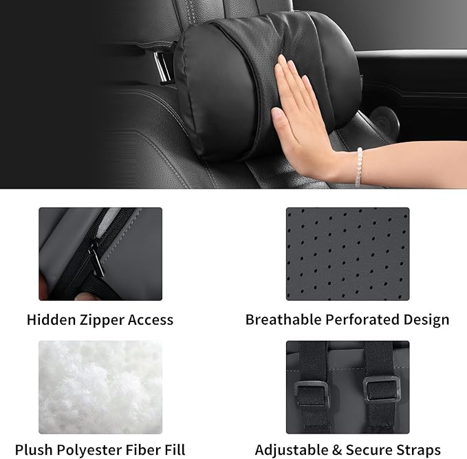 WEIHAO Car Neck Pillow with Adjustable Straps, Ergonomic Head Rest Pillow for Car Seat, Soft Leather Headrest Pillow Car Neck Support Pillow for Driving Office Gaming Chairs Neck Pillow (Black-1PC)