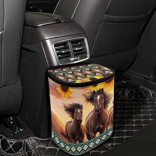 Brown Horse Car Trash Can with Lid,Hanging Leak Proof Garbage Bin for Back Seat,Universal Fit Most Vehicle Truck Interior Accessory