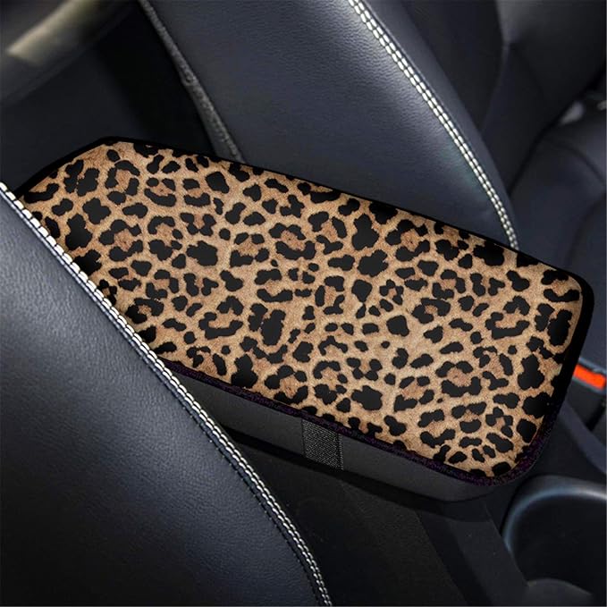 GLENLCWE Leopard Print Vehicle Center Console Armrest Cover Pad,Universal Fit Comfort Auto Center Console Cover for Most Vehicles Non Slip
