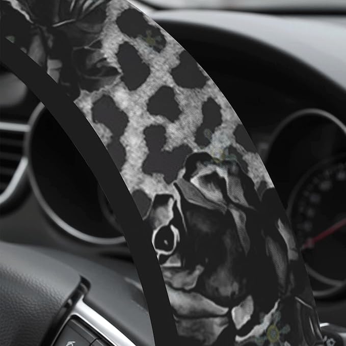 Cute Steering Wheel Cover for Women, Machine Washable Universal 14.5-15.5 inch Non-Slip Grip All Weather Use (Black Leopard Rose)