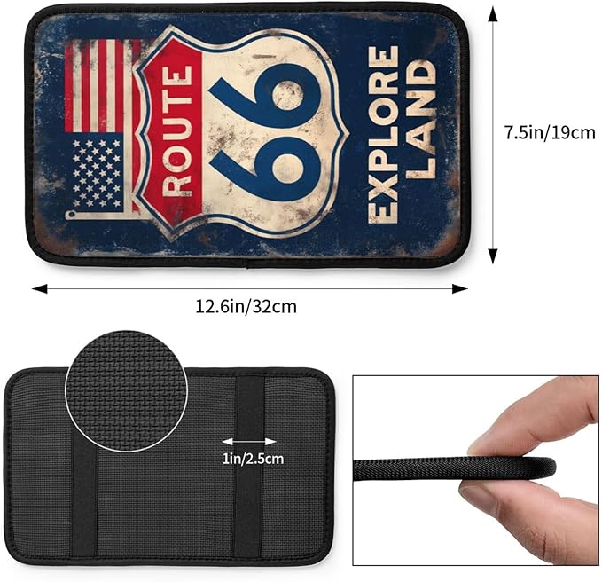 Vintage Car Route 66 Center Console Cover Pad, Car Armrest Seat Box Cover Cushion Universal for Most Vehicle SUV Truck, Car Interior Accessories Decor, Protect from Pet Claws & Dirt