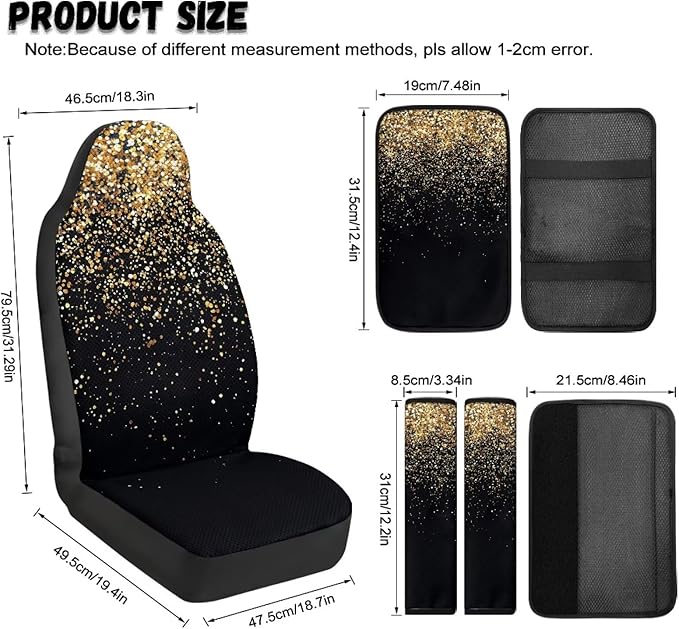 FUSURIRE 5Pcs Car Accessories Set Golden Sequins Print PU Front Seat Covers, Seat Belt Covers & Center Armrest Pad Universal FIT for Car, SUVs,Van,Small Trucks