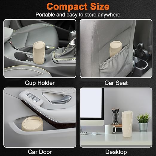 Kincown Car Trash Can, 2 Packs Mini Car Trash Bin with Lid, Leakproof Cup Holder Car Garbage Can with 60 Trash Bags, Vehicle Front Back Seat Organizers and Storage for Car, Home, Office, Beige
