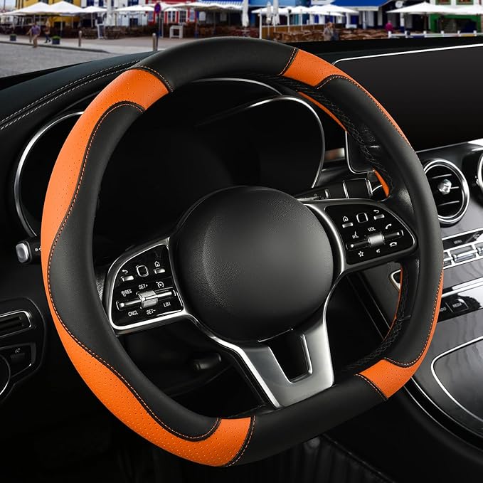 Binsheo Microfiber Leather D Shaped Steering Wheel Cover, Breathable, Anti Slip, 13.5 inch to 14 inch, Black with Orange