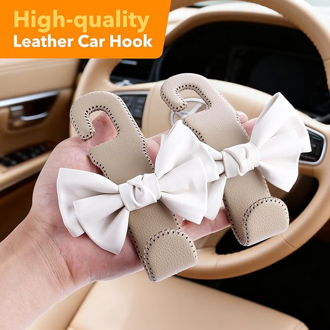 TISOHUGO Car Purse Hook, Cute Bow Hooks for Headrest - Leather U-Shaped Purse Holder for Car, Flexible Seat Back Organizer & Durable Vehicle Accessories for Bags, Coats & More (Beige-2 Pack)