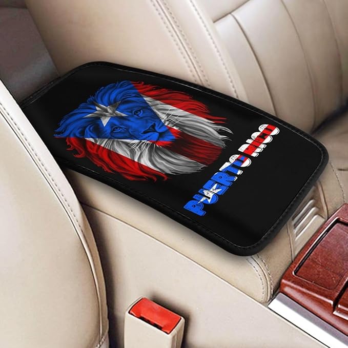 Vintage Lion Head Puerto Rico Flag Auto Center Console Armrest Cover Car Handrail Box Cushion Pad Mat Universal Fit Most Vehicle Sedan Truck SUV Soft Comfort Decor Accessories