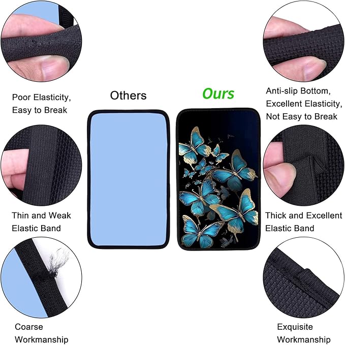 JANENFNA Car Armrest Cover Pads Universal Fashion Cute Auto Center Console Armrest Cover Pad with 2PCS Car Coasters Soft Waterproof Car Armrest Seat Protector for Women,Blue Golden Butterflies